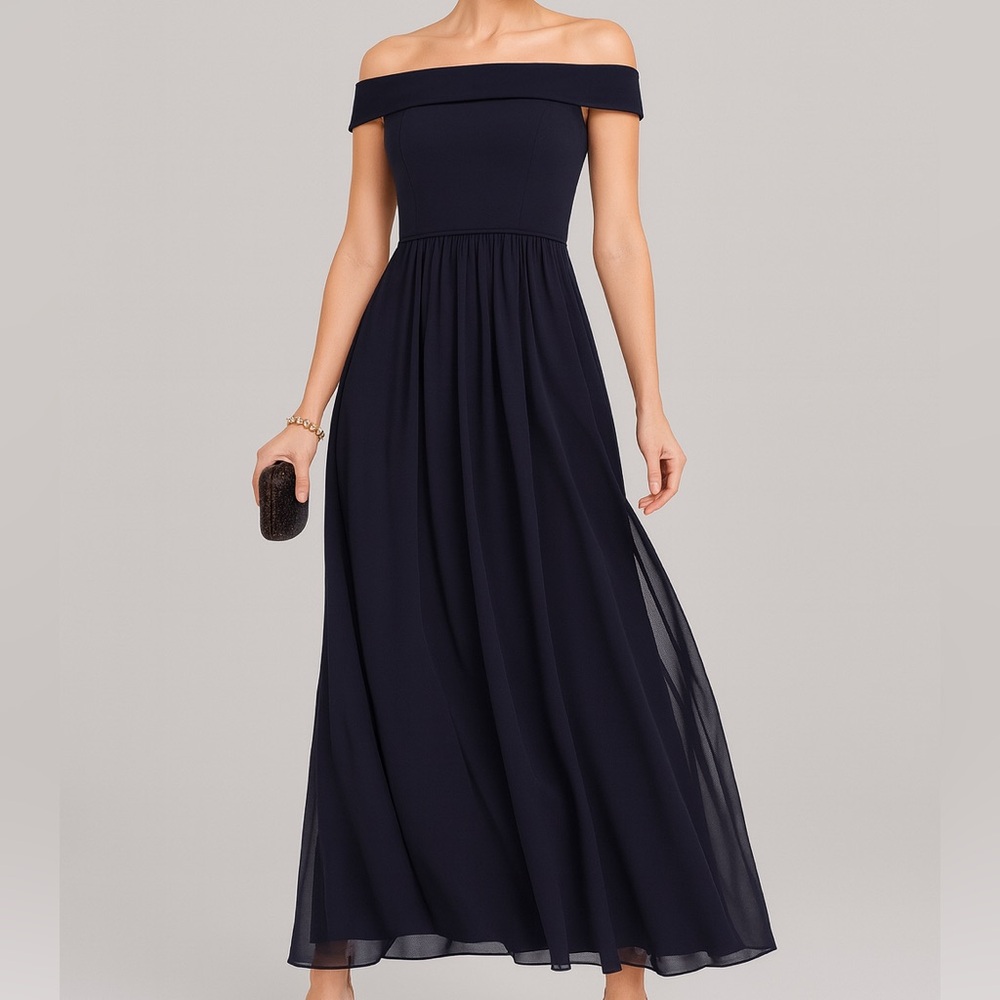 🆕🫐 Adrianna Papell Midnight Crepe Chiffon Gown Elegant Formal Maxi Dress Size 8